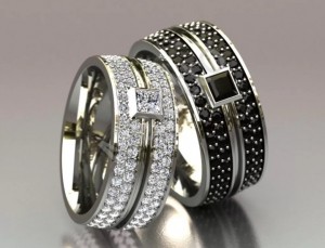 Кольцо обручальное с черными и белыми бриллиантами