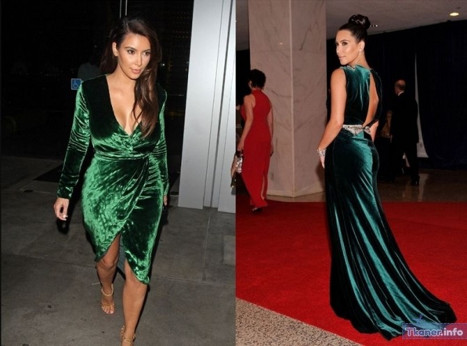 Зеленое и изумрудное бархатное платье