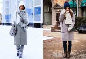 Объемные зимние шарфы под серое пальто