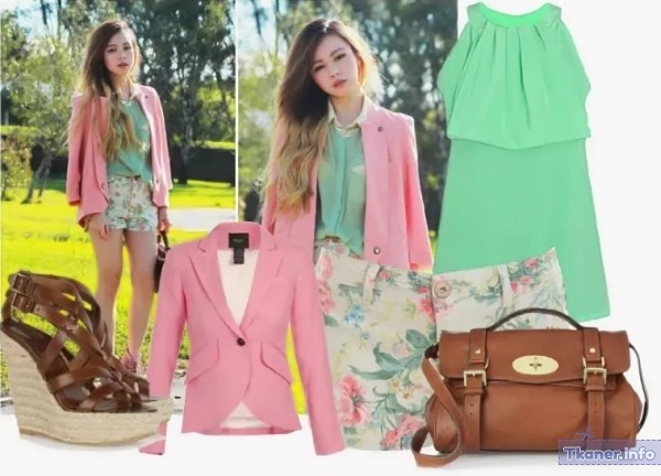 Свело-зеленое платье и розовый пиджак и сумка коричневая