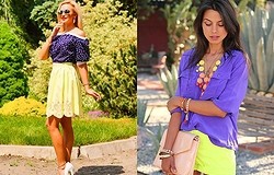 Сочетание жёлтого и фиолетового в одежде - примеры образов