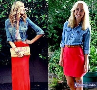 Красная юбка с джинсовой рубашкой