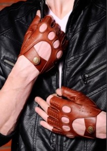 Перчатки без пальцев мужские митенки рыжие кожаные